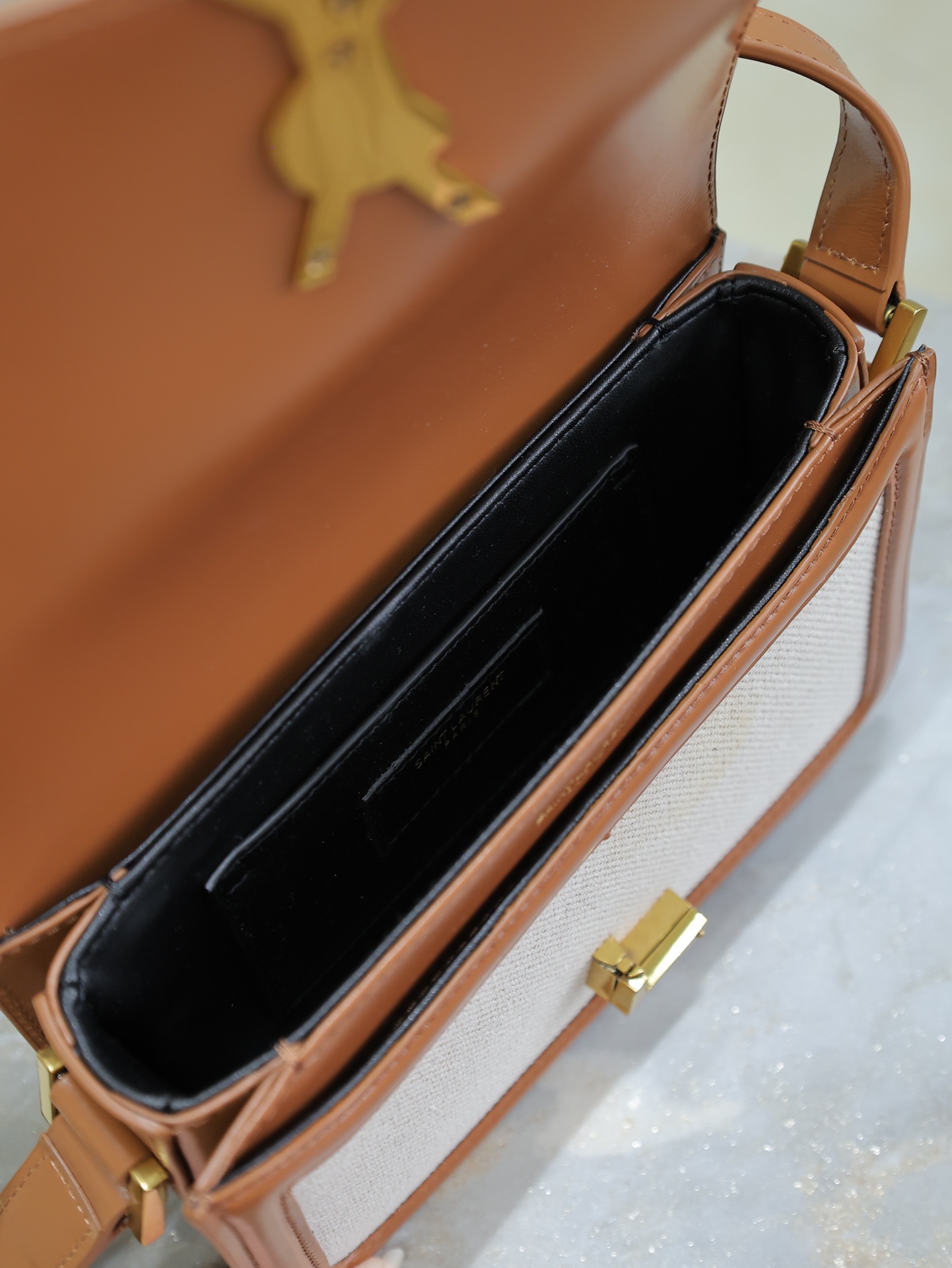 [TOP] Yves Saint Laurent YSL Solferino Bags Cowhide with Cotton and Linen 19/23cm - Brown/White&GHW