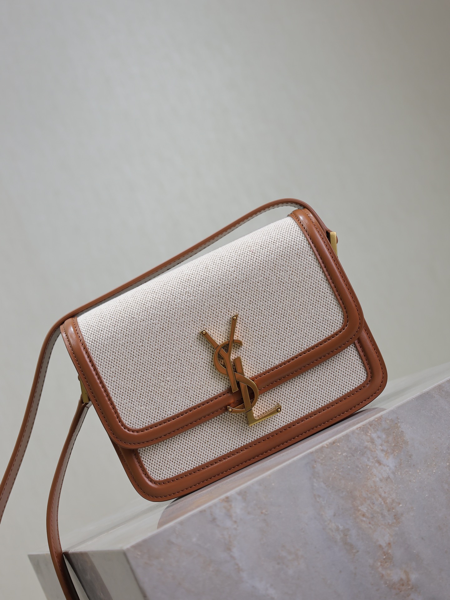 [TOP] Yves Saint Laurent YSL Solferino Bags Cowhide with Cotton and Linen 19/23cm - Brown/White&GHW