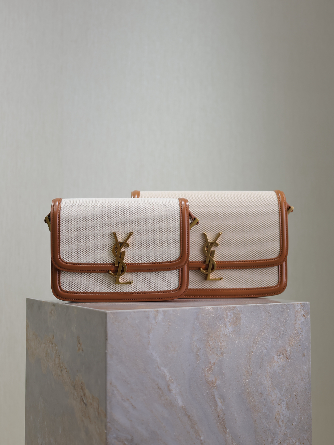 [TOP] Yves Saint Laurent YSL Solferino Bags Cowhide with Cotton and Linen 19/23cm - Brown/White&GHW