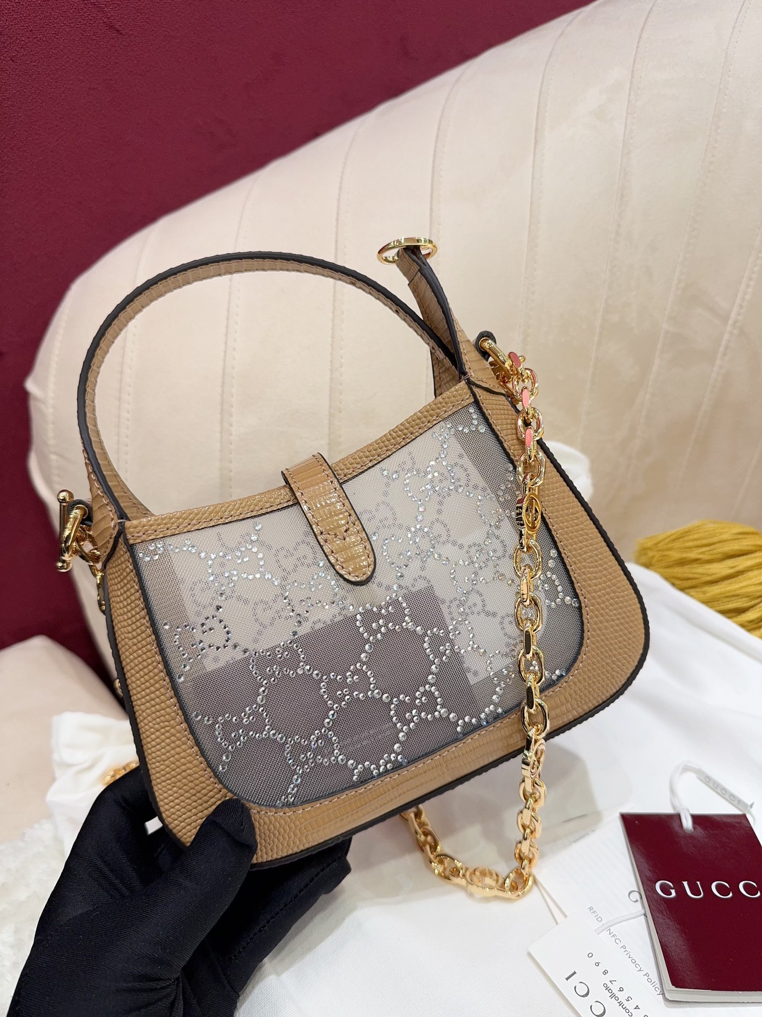 [TOP] GUCCI Jackie 1961 Tote Bag Diamond with Lizard Skin Mini 19x13x3cm - Brown