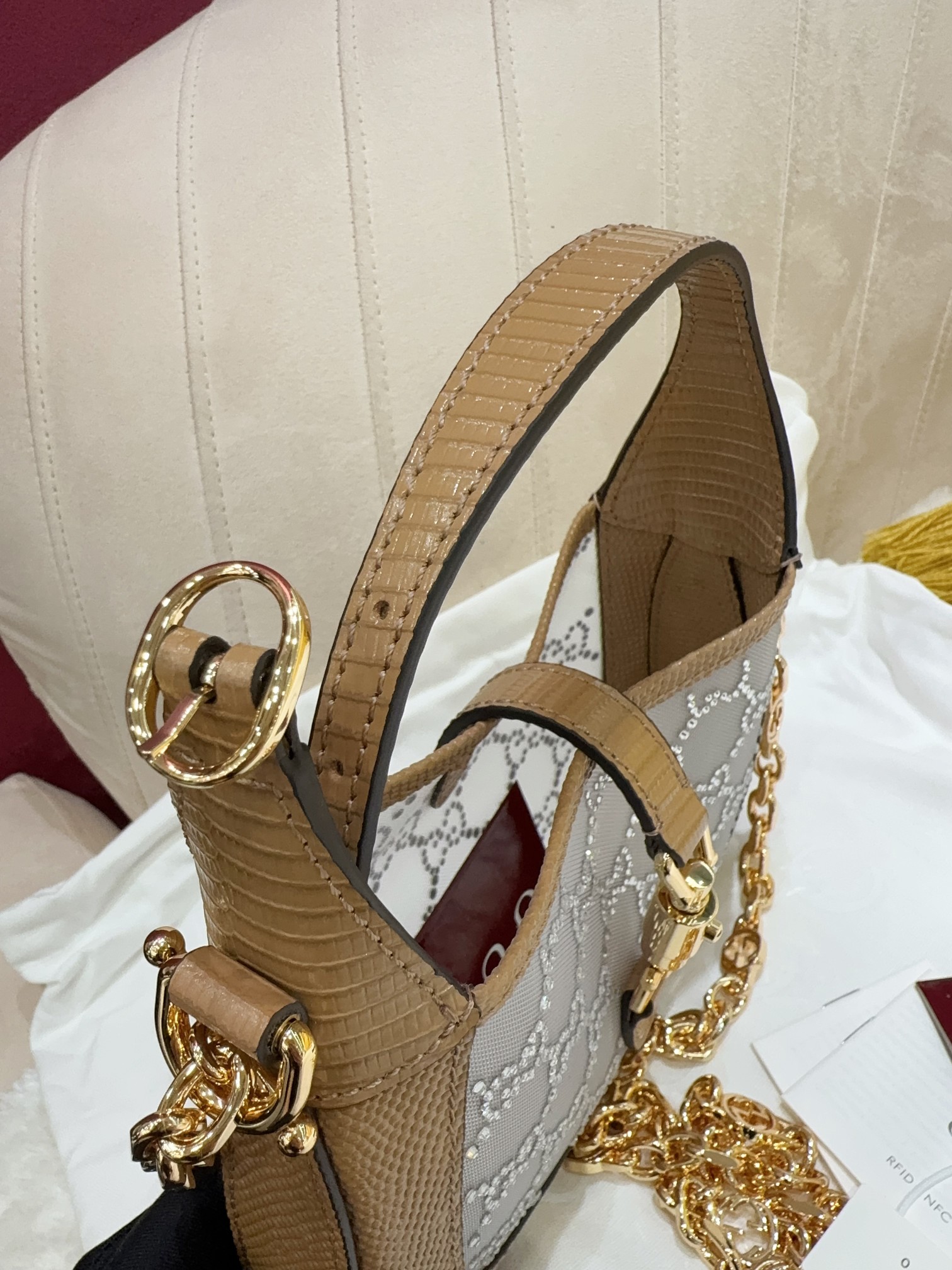 [TOP] GUCCI Jackie 1961 Tote Bag Diamond with Lizard Skin Mini 19x13x3cm - Brown