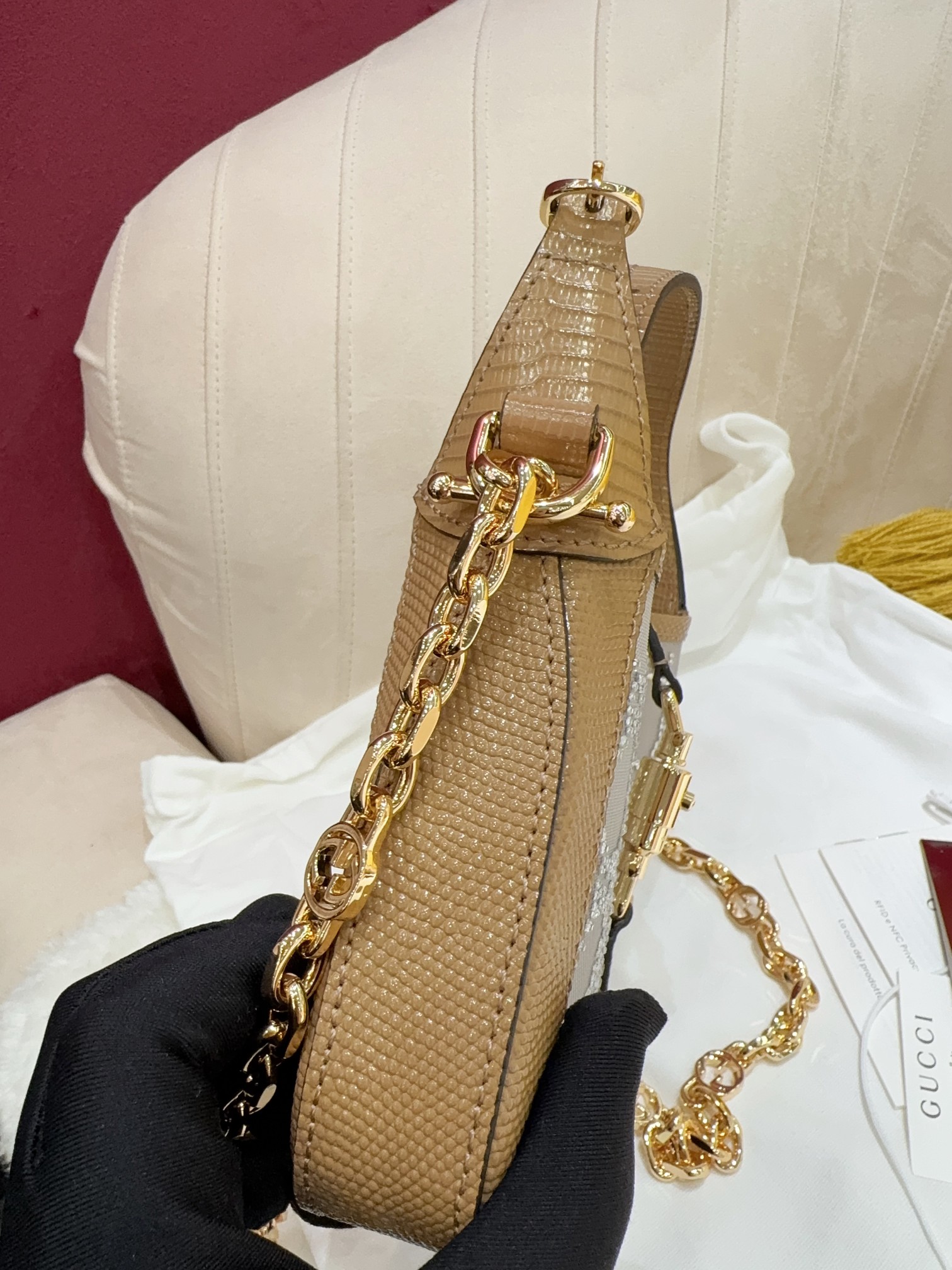 [TOP] GUCCI Jackie 1961 Tote Bag Diamond with Lizard Skin Mini 19x13x3cm - Brown