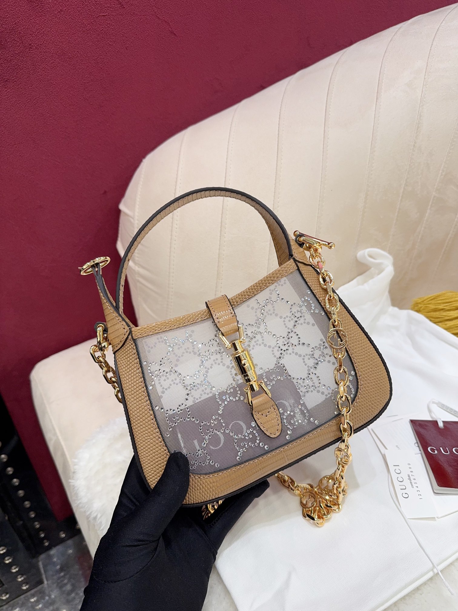 [TOP] GUCCI Jackie 1961 Tote Bag Diamond with Lizard Skin Mini 19x13x3cm - Brown