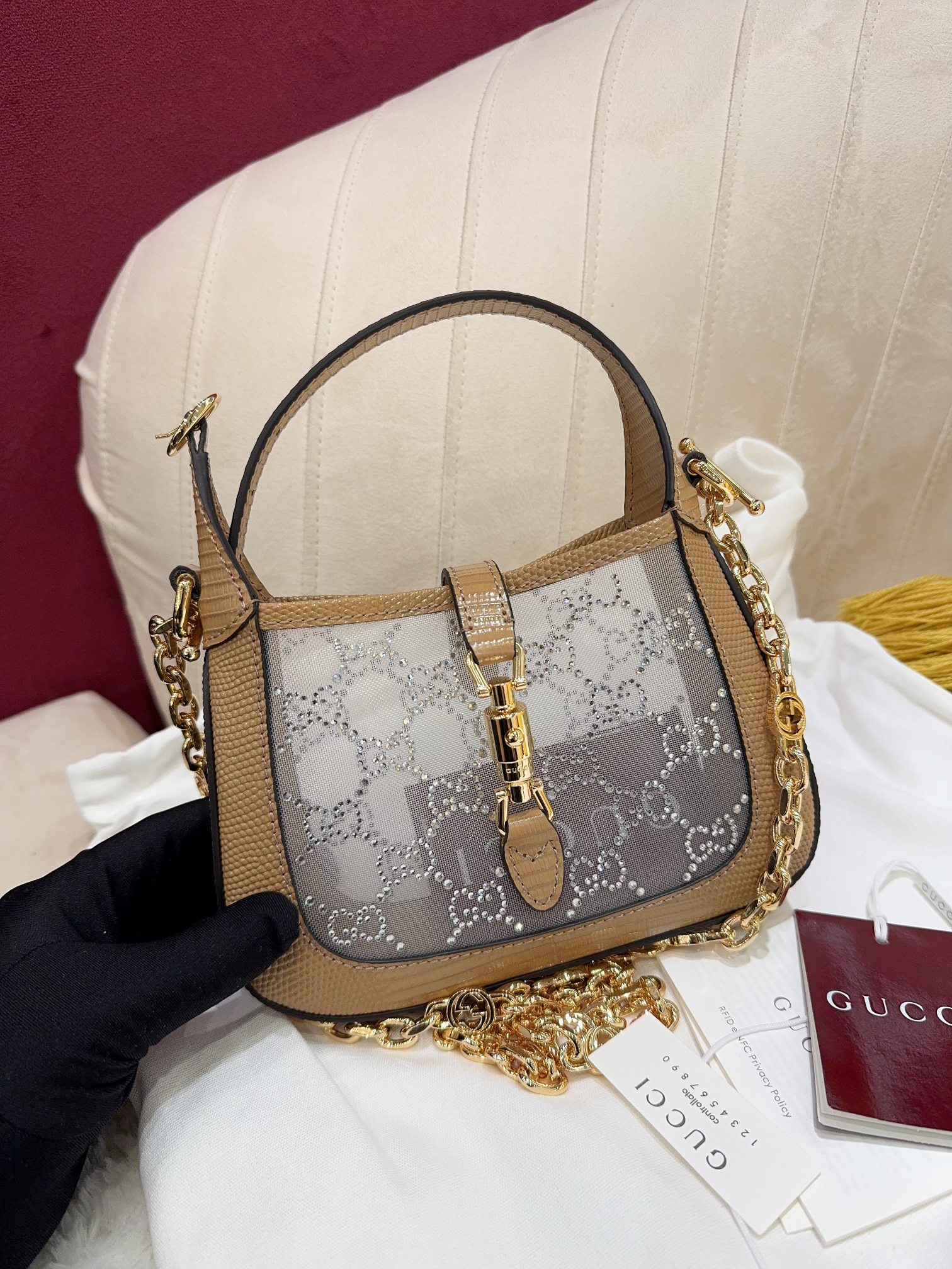 [TOP] GUCCI Jackie 1961 Tote Bag Diamond with Lizard Skin Mini 19x13x3cm - Brown