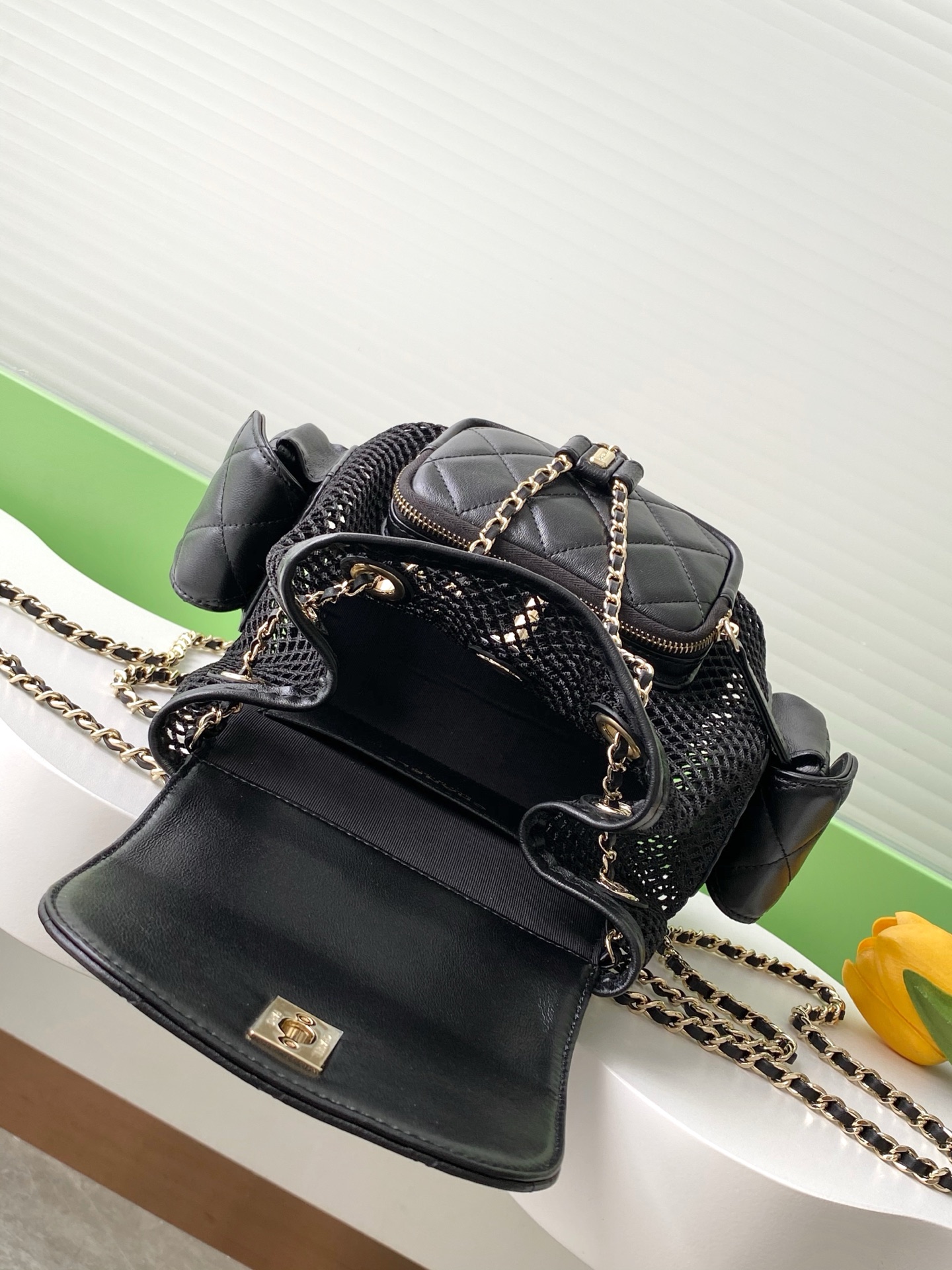 [TOP] CHANEL Duma Bags Hollow Mesh Backpack 25*23*13cm - GHW- Black