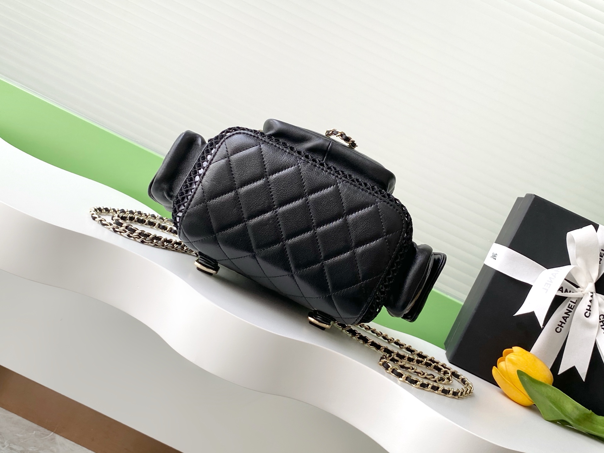 [TOP] CHANEL Duma Bags Hollow Mesh Backpack 25*23*13cm - GHW- Black