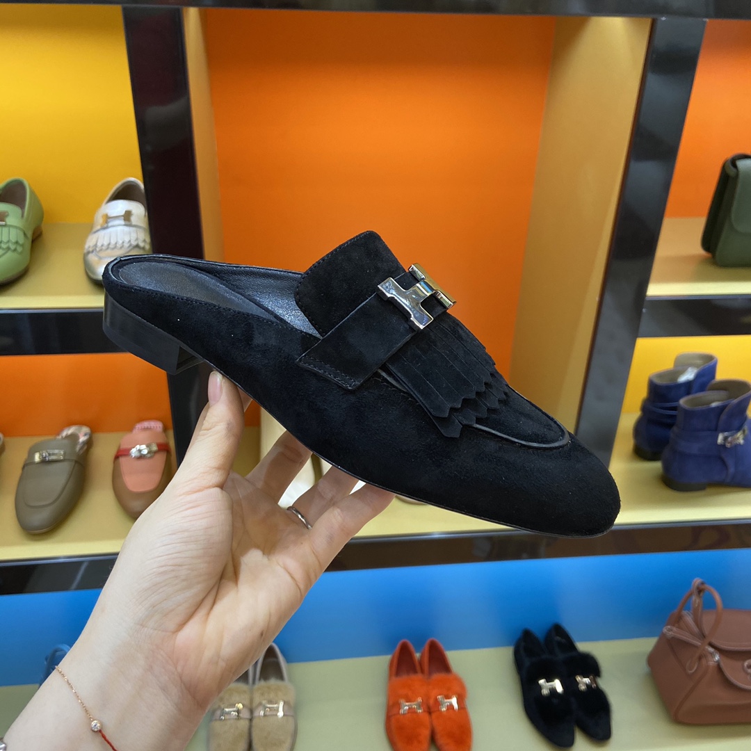 [TOP] HERMES Rivoli Mules - Black & SHW/GHW