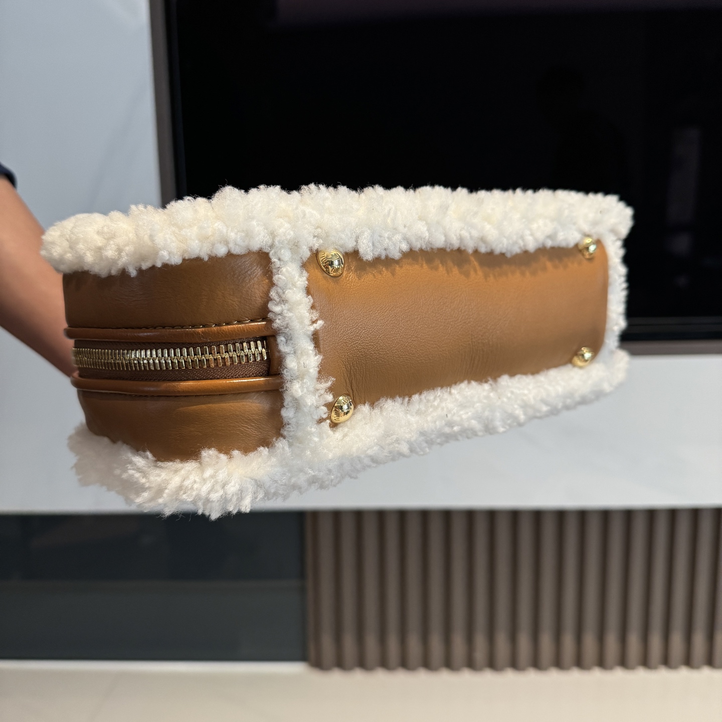 [TOP] Miu Miu Briefcase Calfskin/Lambswool 28*12*9cm/34*10*23cm - Brown