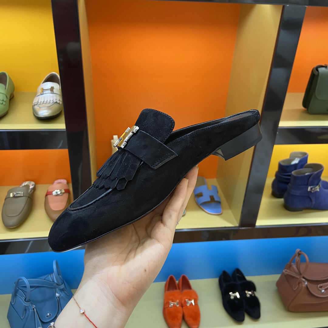 [TOP] HERMES Rivoli Mules - Black & SHW/GHW