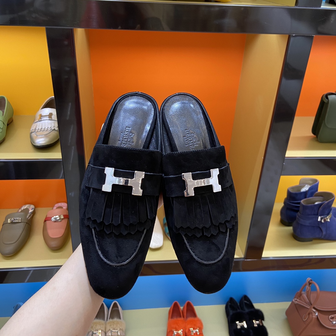 [TOP] HERMES Rivoli Mules - Black & SHW/GHW