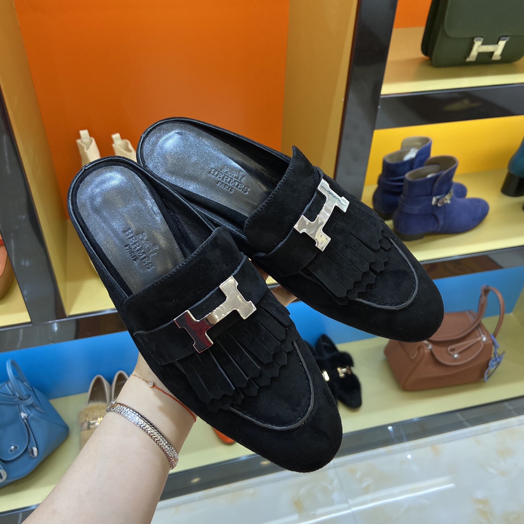 [TOP] HERMES Rivoli Mules - Black & SHW/GHW