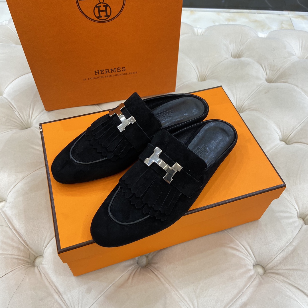 [TOP] HERMES Rivoli Mules - Black & SHW/GHW