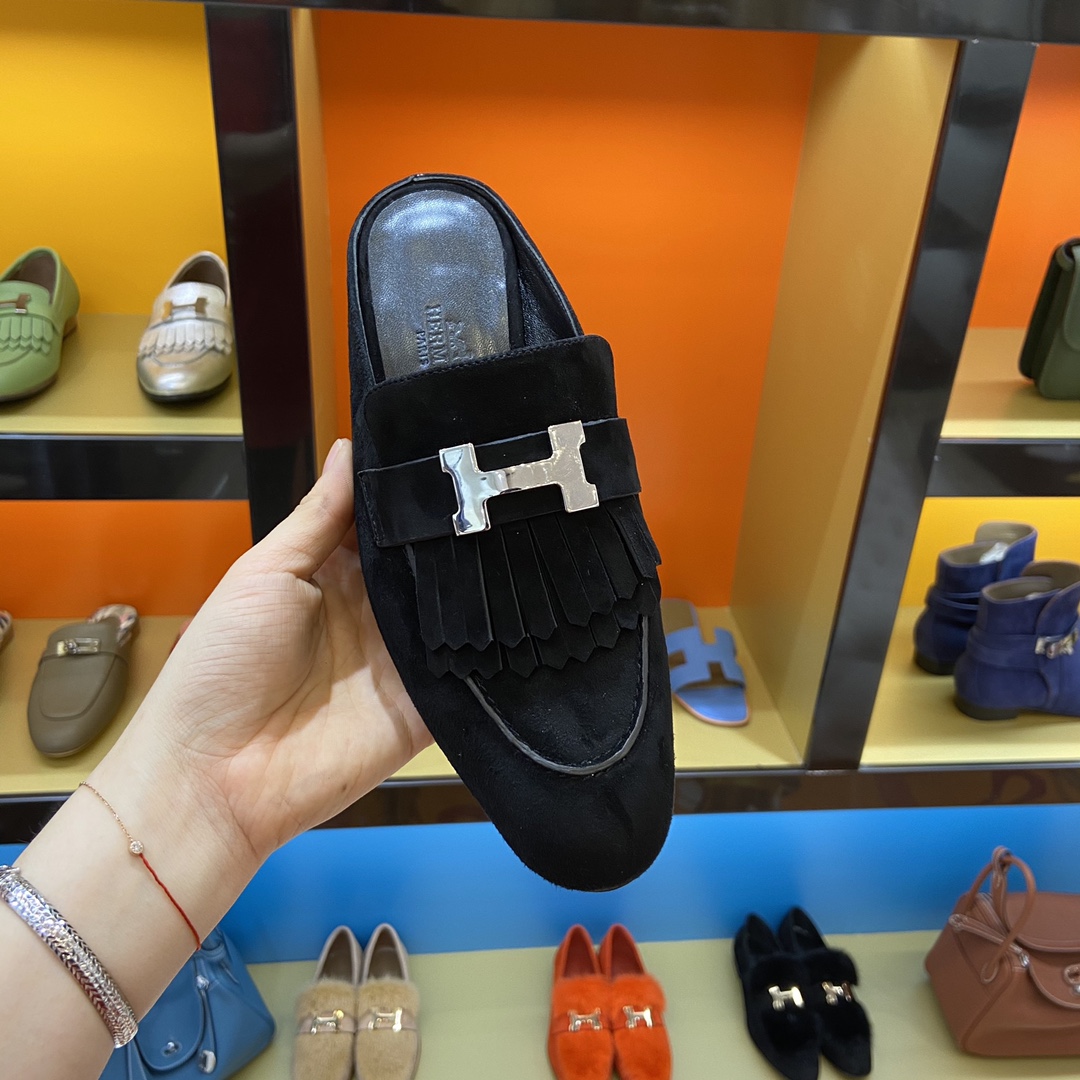 [TOP] HERMES Rivoli Mules - Black & SHW/GHW