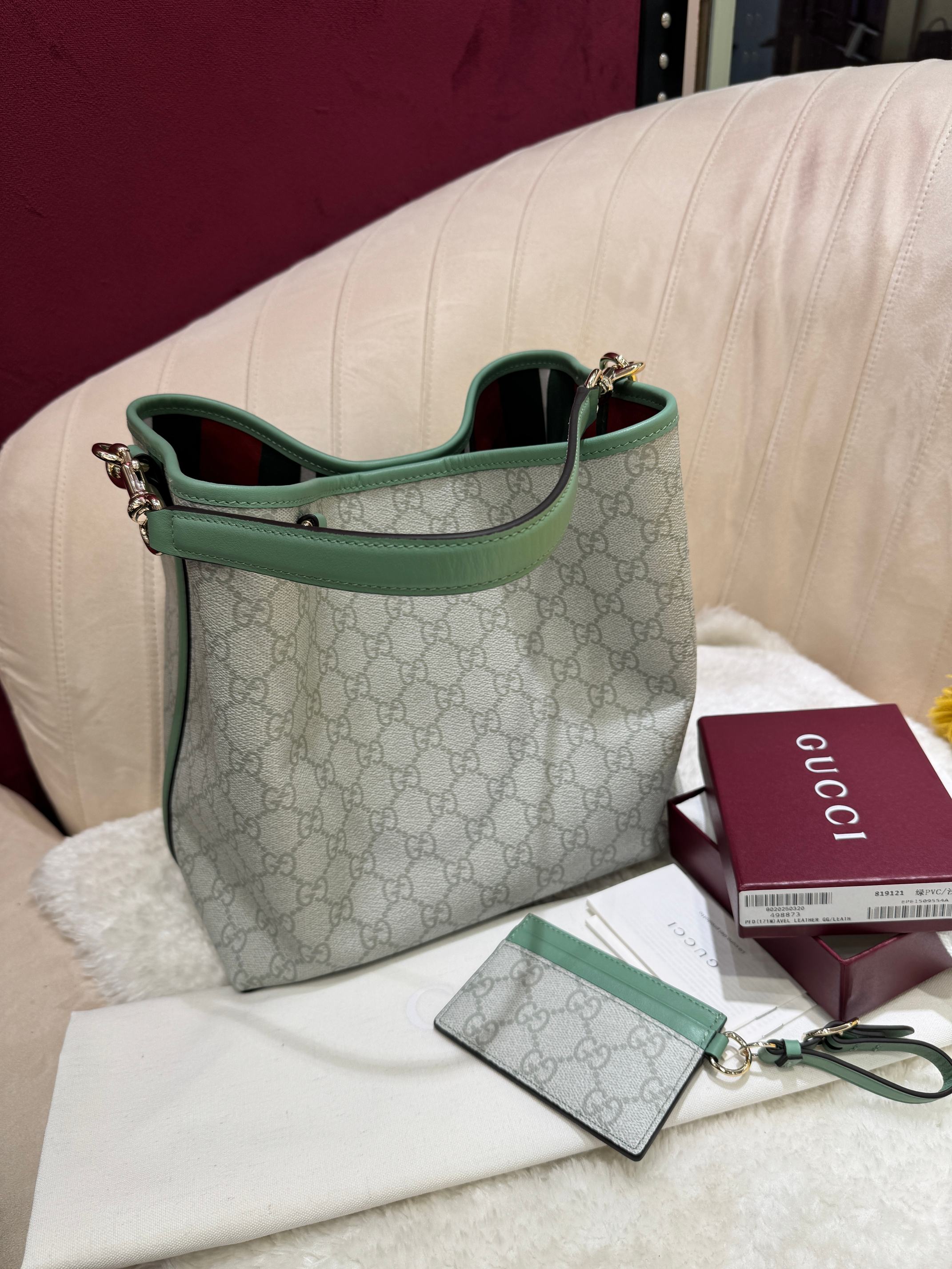 [TOP] GUCCI GG Emblen Bucket Bag 25x25x15.5cm Cowhide - Gray&Green