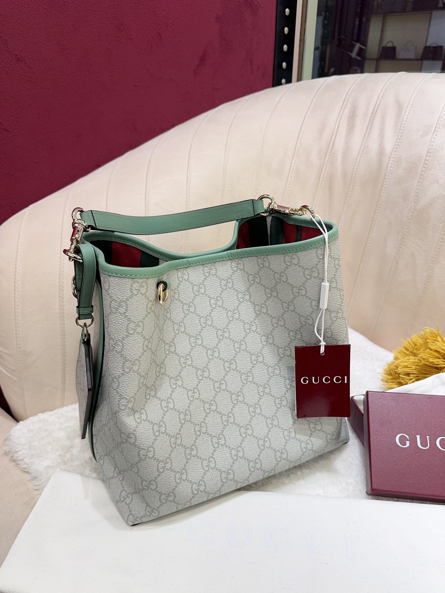 [TOP] GUCCI GG Emblen Bucket Bag 25x25x15.5cm Cowhide - Gray&Green