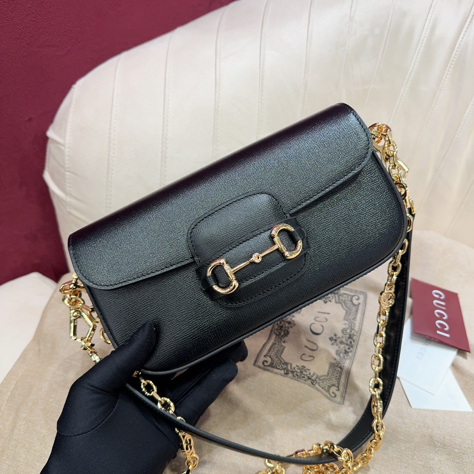 [TOP] GUCCI Horsebit 1955 Bag Textured Leather 24*13*5.5cm - Black