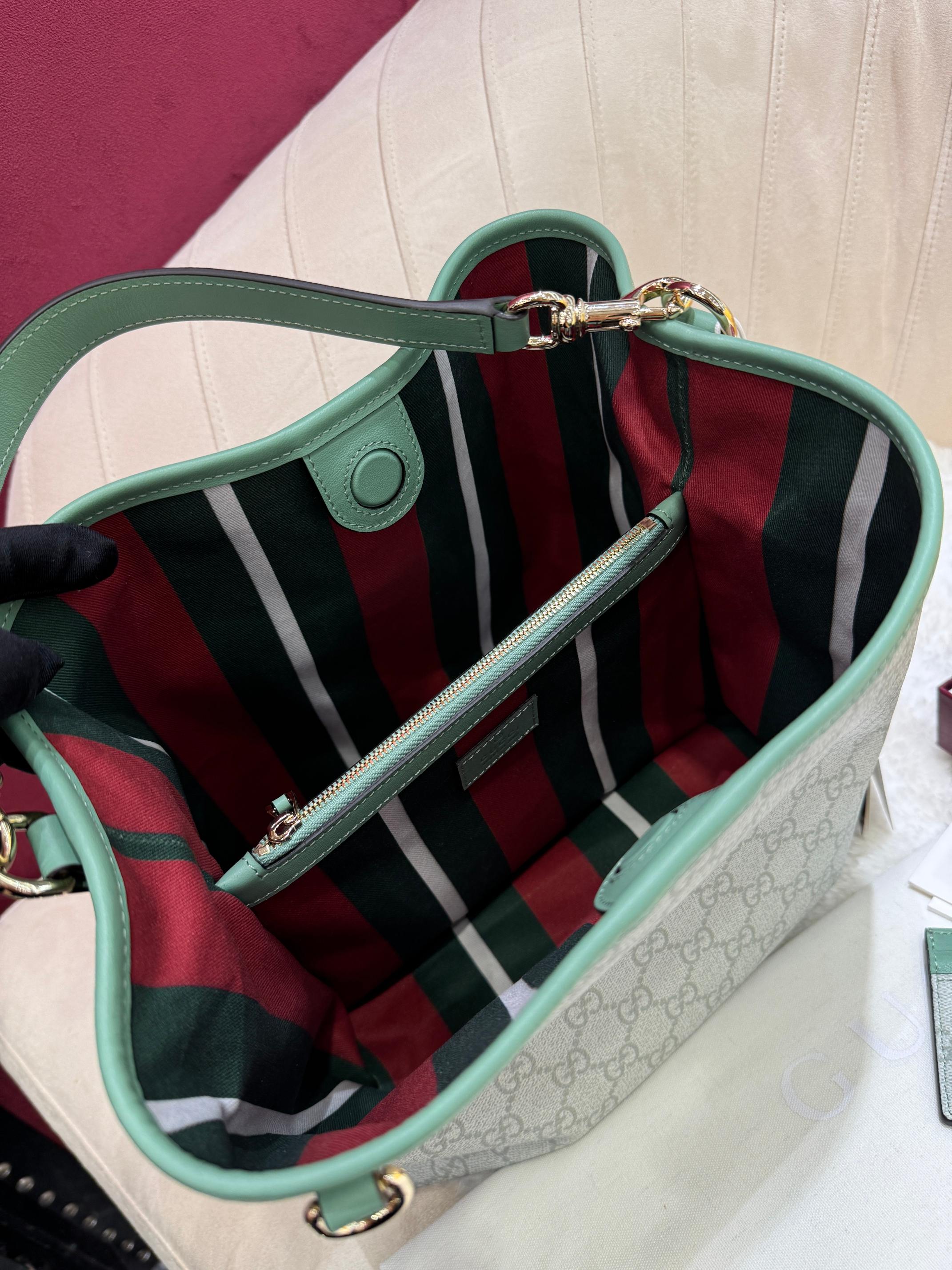 [TOP] GUCCI GG Emblen Bucket Bag 25x25x15.5cm Cowhide - Gray&Green
