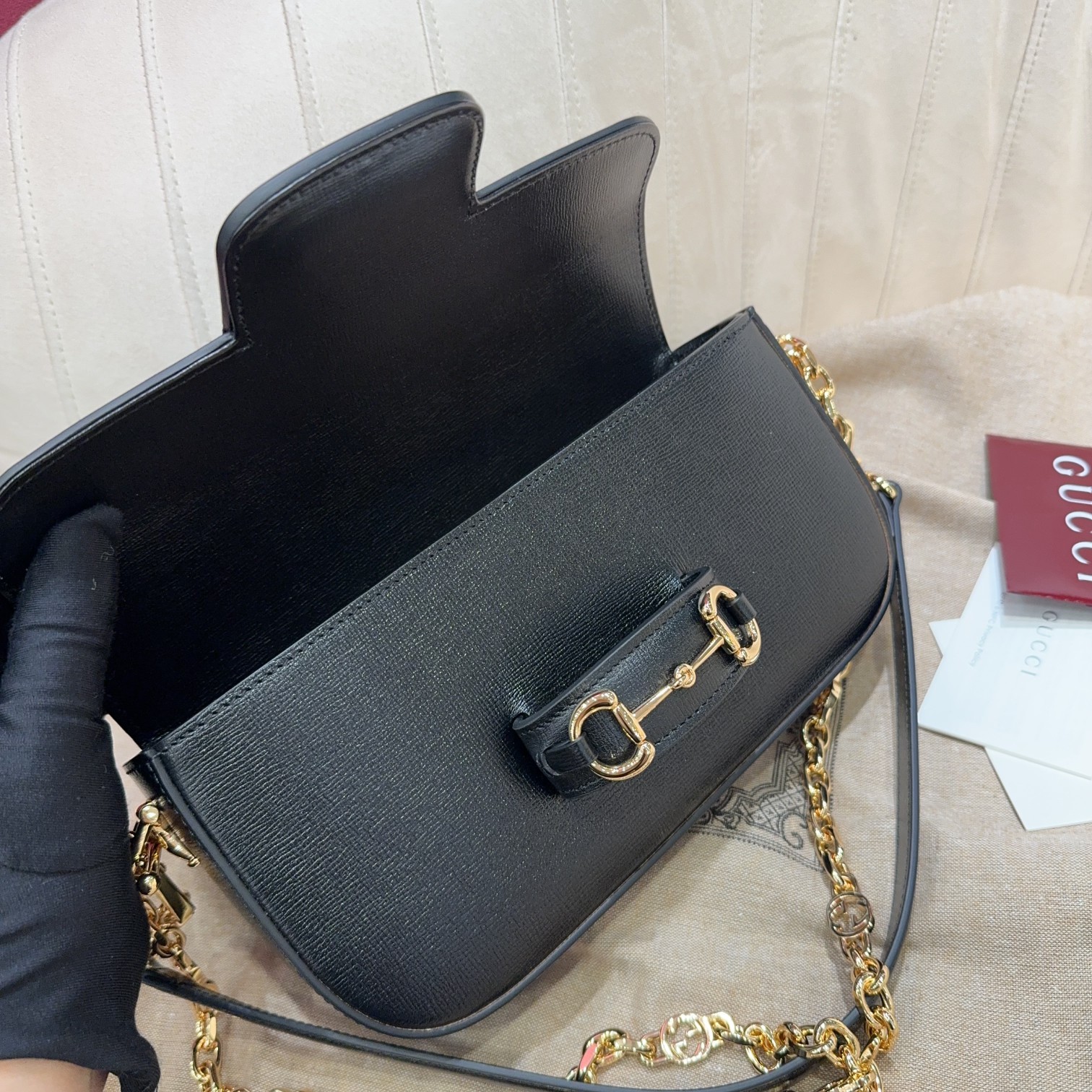 [TOP] GUCCI Horsebit 1955 Bag Textured Leather 24*13*5.5cm - Black