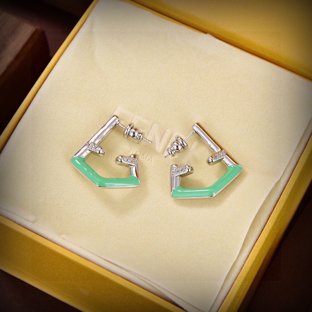 [TOP] FENDI Logo Earrings-Green and Sliver