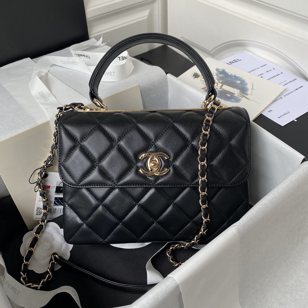 [TOP] CHANEL Trendy Top Handle Bag 20cm/25cm - Black - GHW