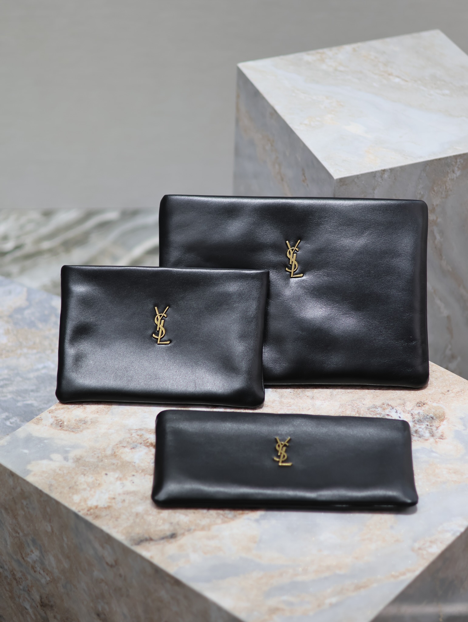 [TOP] Yves Saint Laurent YSL Le Calypso Cosmetic Bag 23×16×3cm/30x15x3.5cm/30x22x3cm - Black