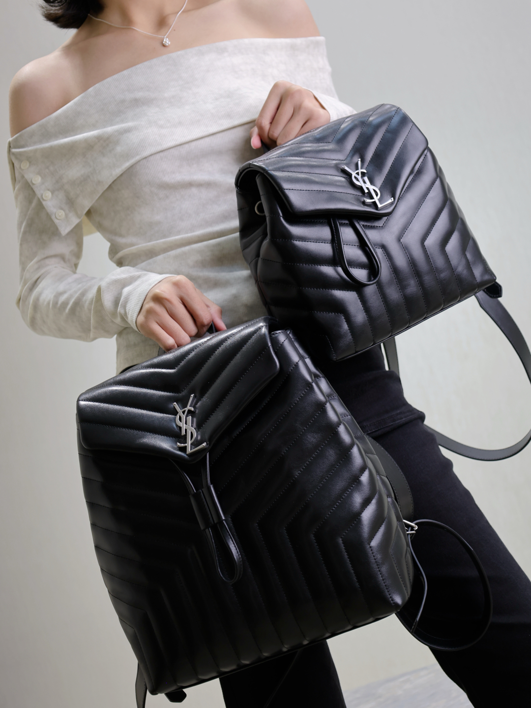 [TOP] Yves Saint Laurent YSL LouLou Backpack Calfskin 26x22x11cm/33x26x13cm - Black