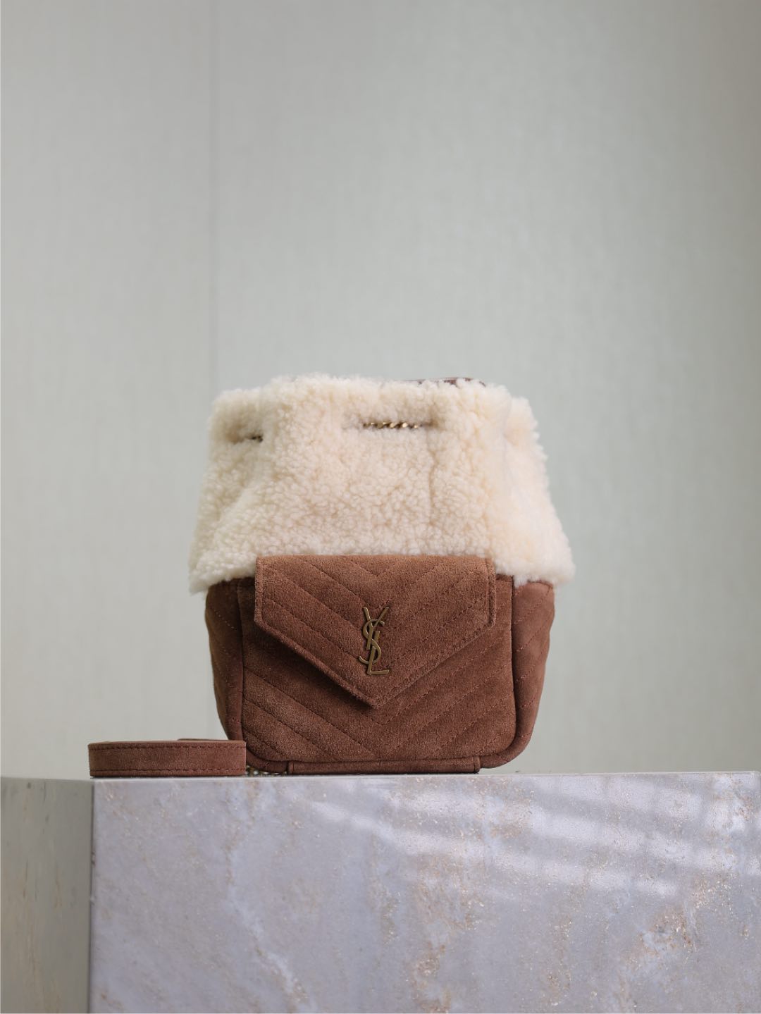 [TOP] Yves Saint Laurent YSL Joe Bag Nubuck/Lambswool 19x13x13cm - Brown/Beige