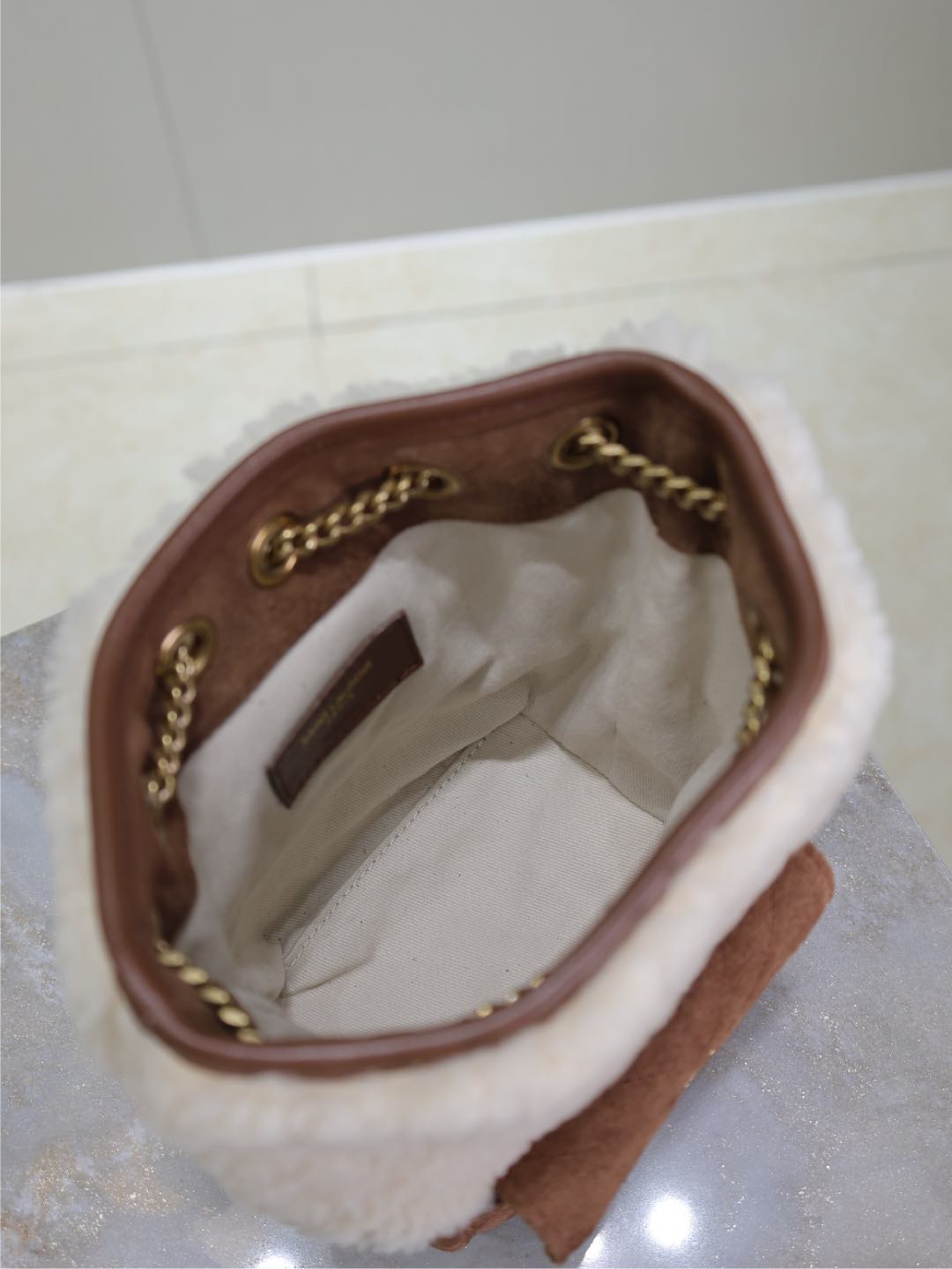 [TOP] Yves Saint Laurent YSL Joe Bag Nubuck/Lambswool 19x13x13cm - Brown/Beige