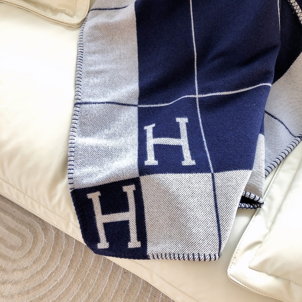 [TOP] HERMES Woolen Blanket 1400g 170x135cm - Navy Blue