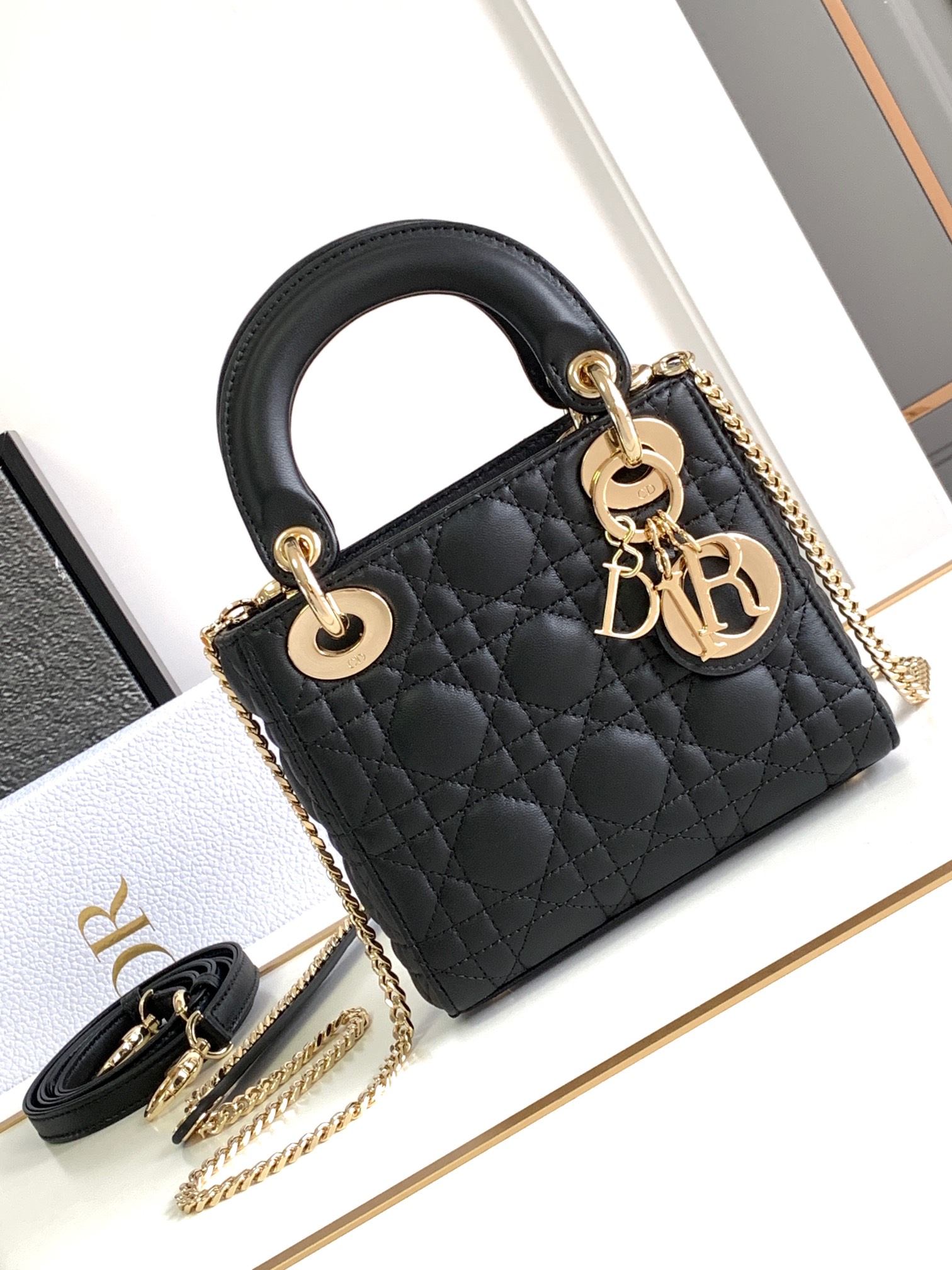 [TOP] Christian Dior Lady Christian Dior Bag Lambskin 17x15x7cm/20x17x8cm/24x20x11cm - Black