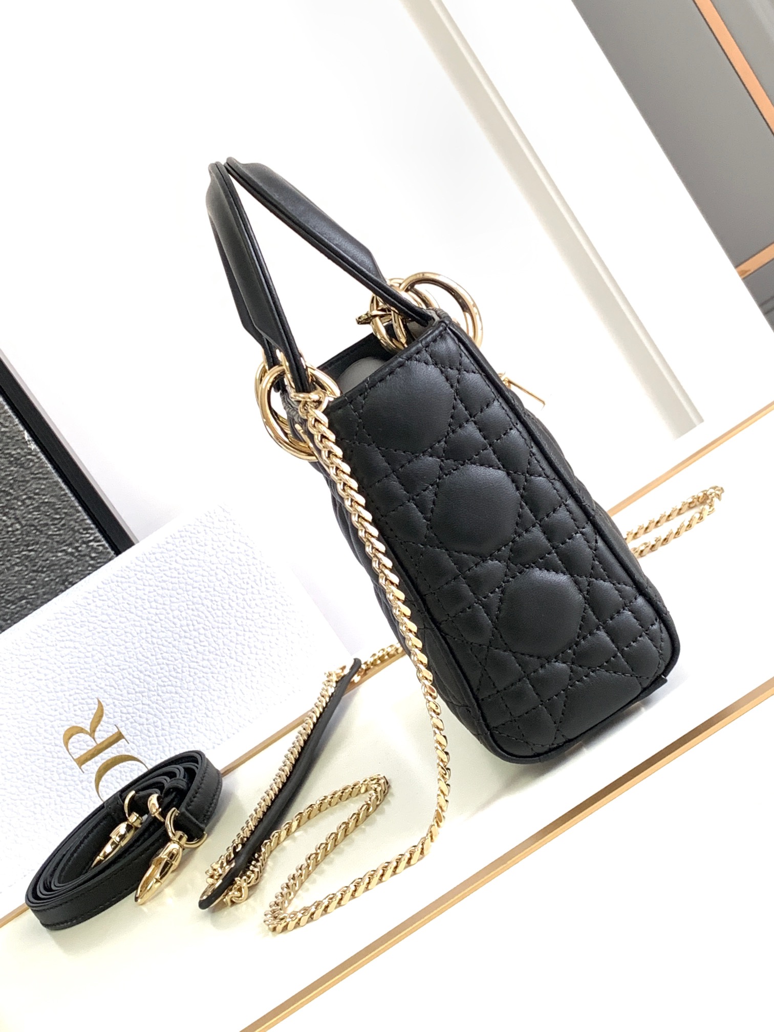 [TOP] Christian Dior Lady Christian Dior Bag Lambskin 17x15x7cm/20x17x8cm/24x20x11cm - Black
