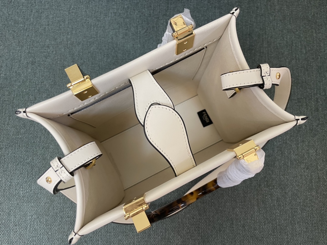 [TOP] FENDI Leather Sunshine Tote Small Shopping Bags 25.5x12x22.5cm - White