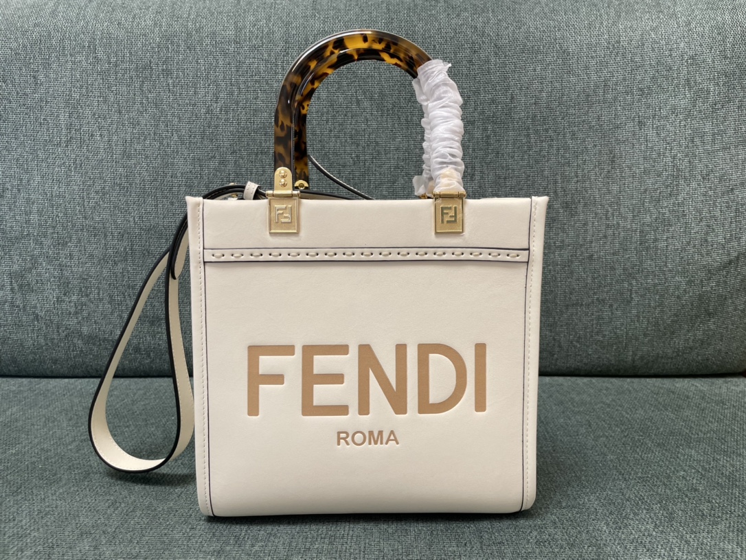 [TOP] FENDI Leather Sunshine Tote Small Shopping Bags 25.5x12x22.5cm - White