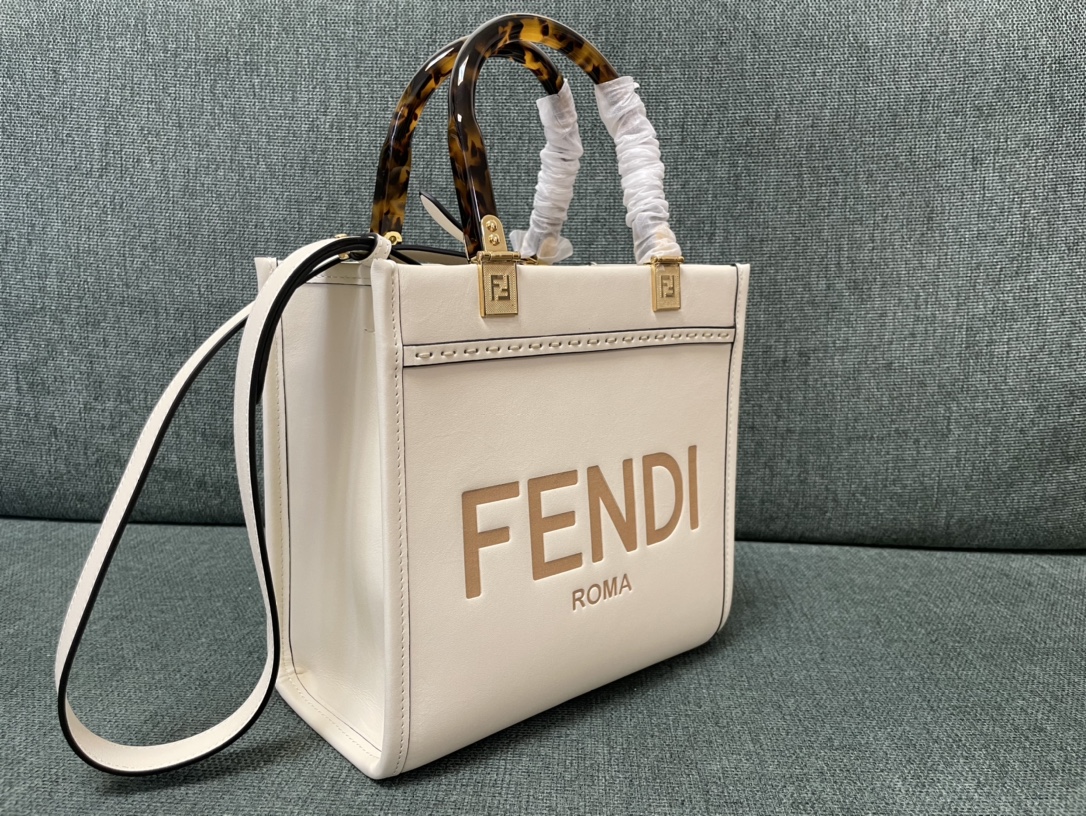 [TOP] FENDI Leather Sunshine Tote Small Shopping Bags 25.5x12x22.5cm - White