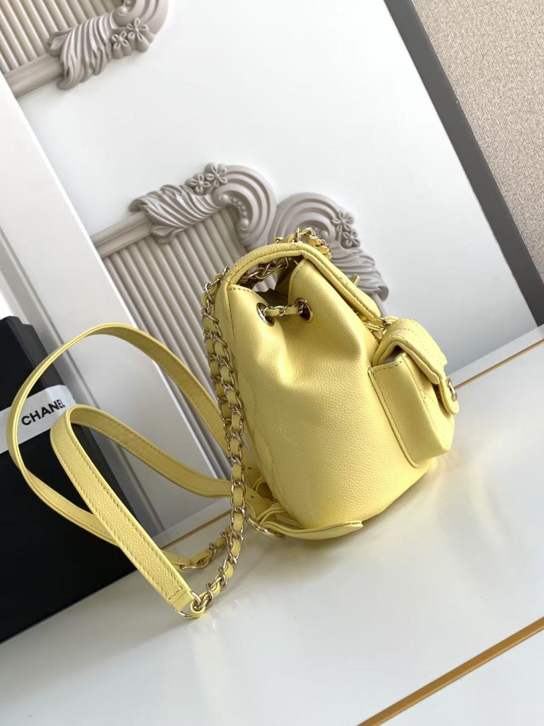 [TOP] CHANEL Duma Backpack Bag Lychee Pattern Cowhide 17.5x16.5x10cm - Yellow