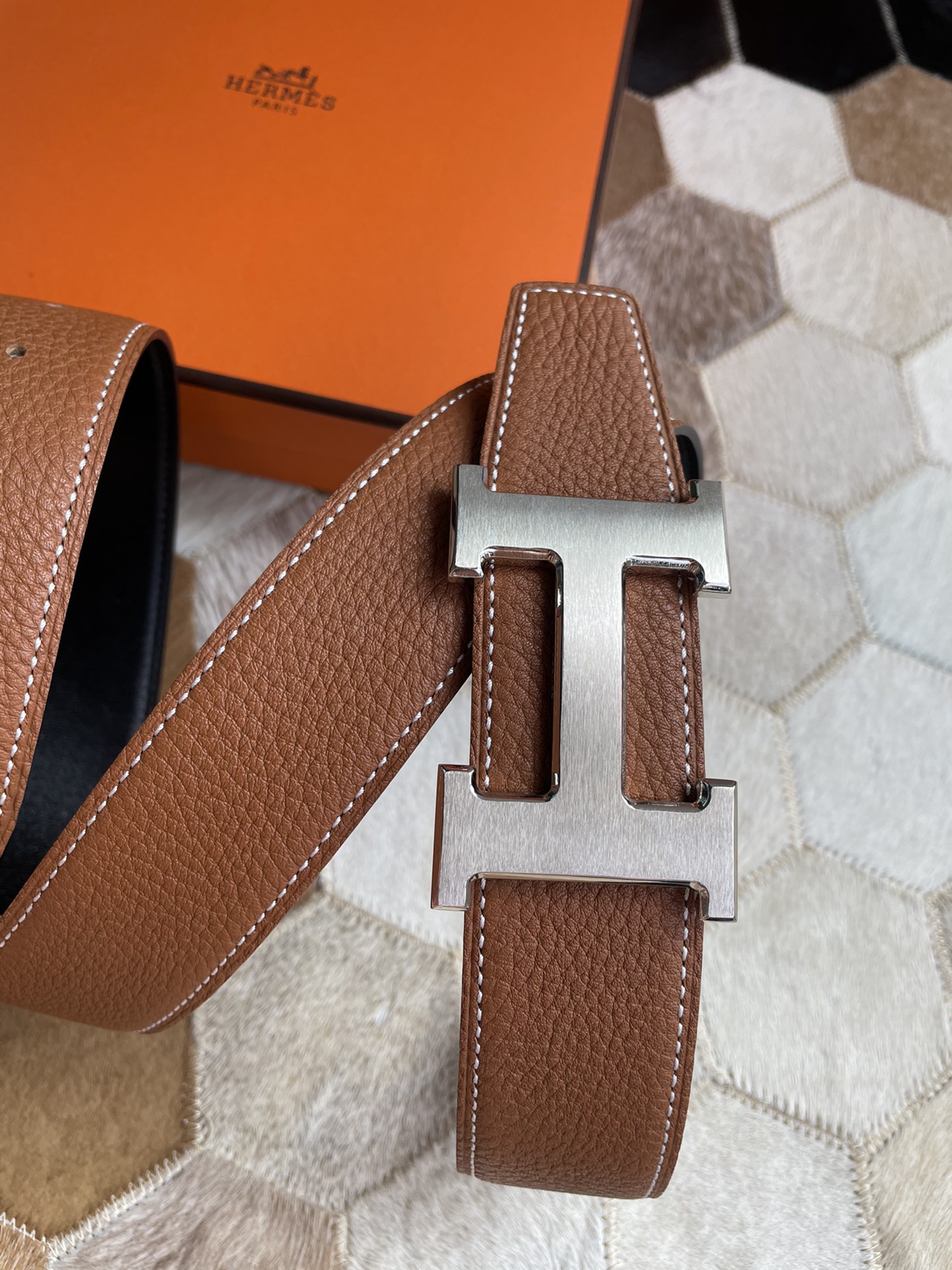 [TOP] HERMES Men's Buckle Logo Epsom Belt 3.8cm - Brown - GHW/SHW