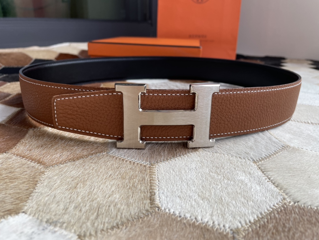 [TOP] HERMES Men's Buckle Logo Epsom Belt 3.8cm - Brown - GHW/SHW