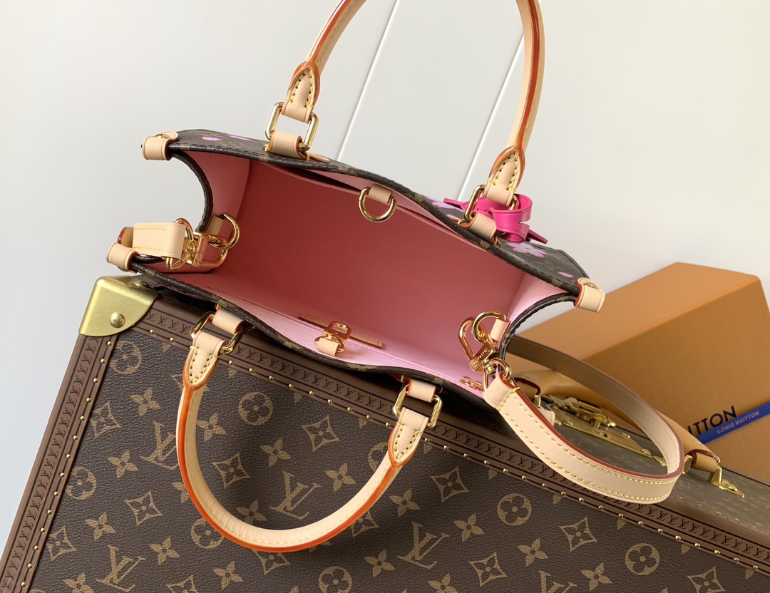 [TOP] Louis Vuitton LV On The Go Bag with Cherry Blossom Pattern 25x19x11.5cm - Brown