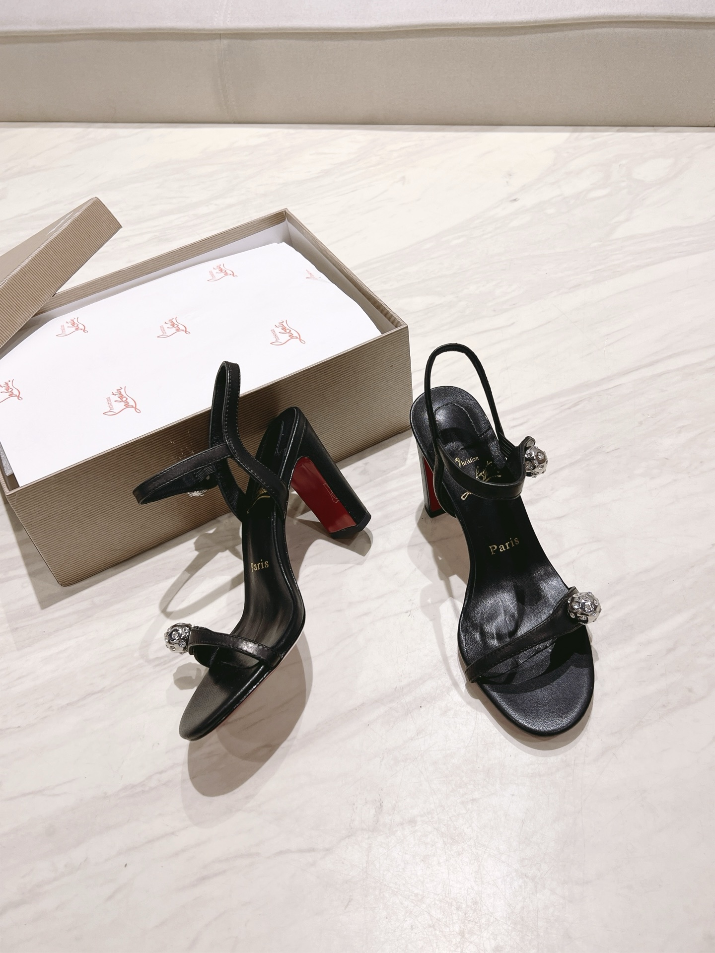[TOP] Christian Louboutin CL High Heel Slippers - Black