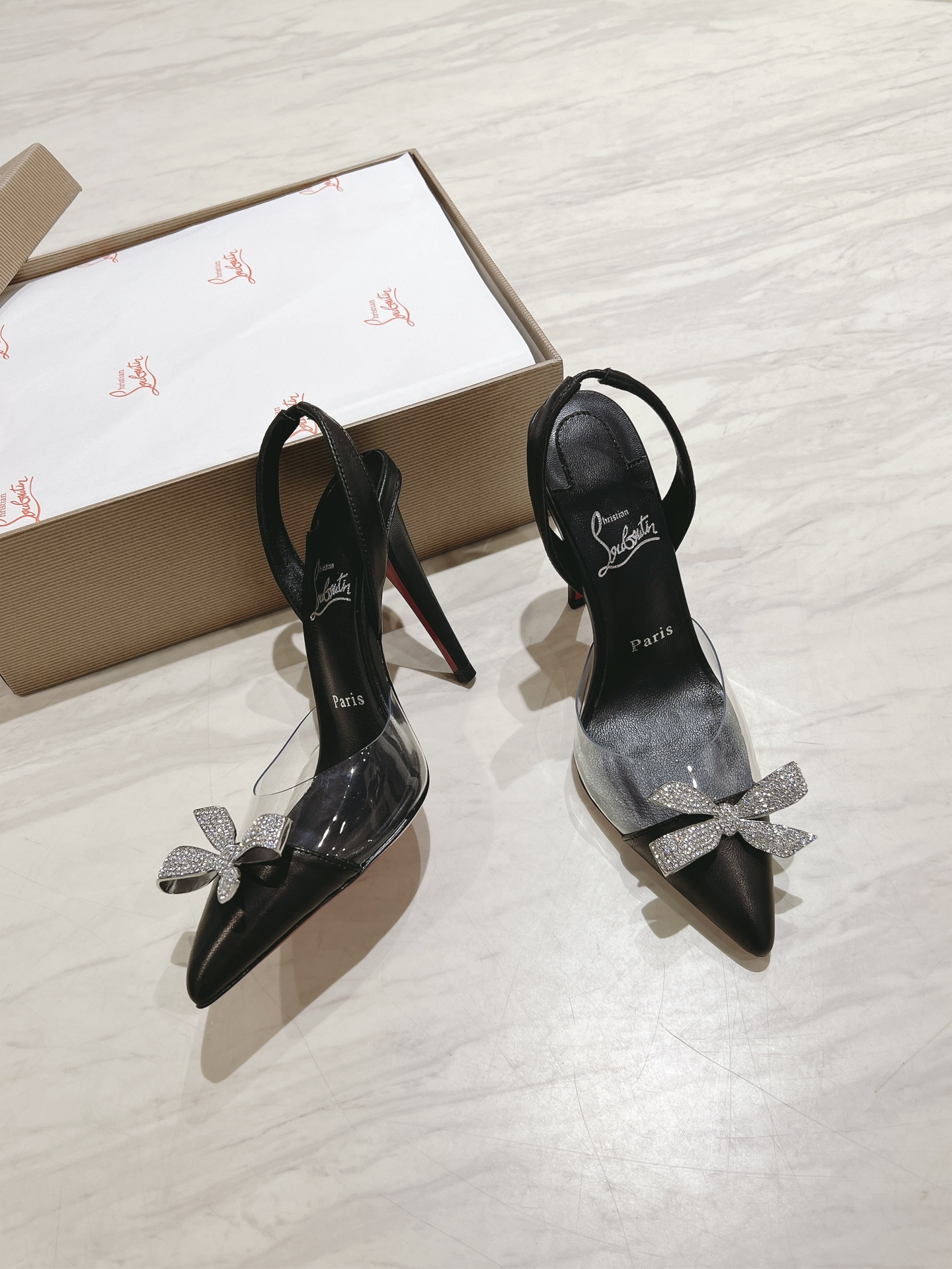 [TOP] Christian Louboutin Crystal Bow 8.5cm/10cm High Heel Sandals - Black