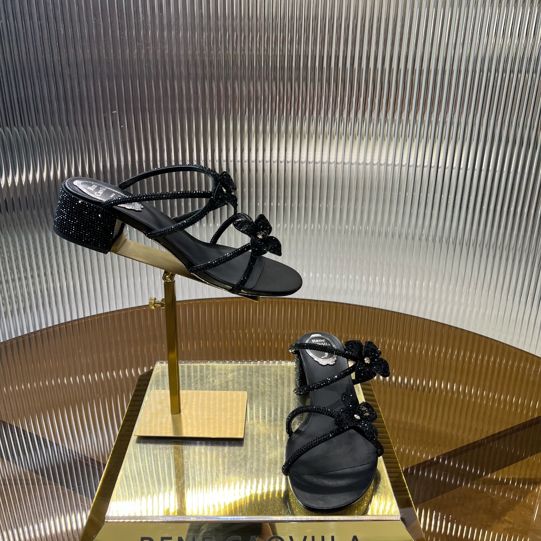 [TOP] Rene Caovilla Square Heel Lace Flower Rhinestone Slippers - 2 Color