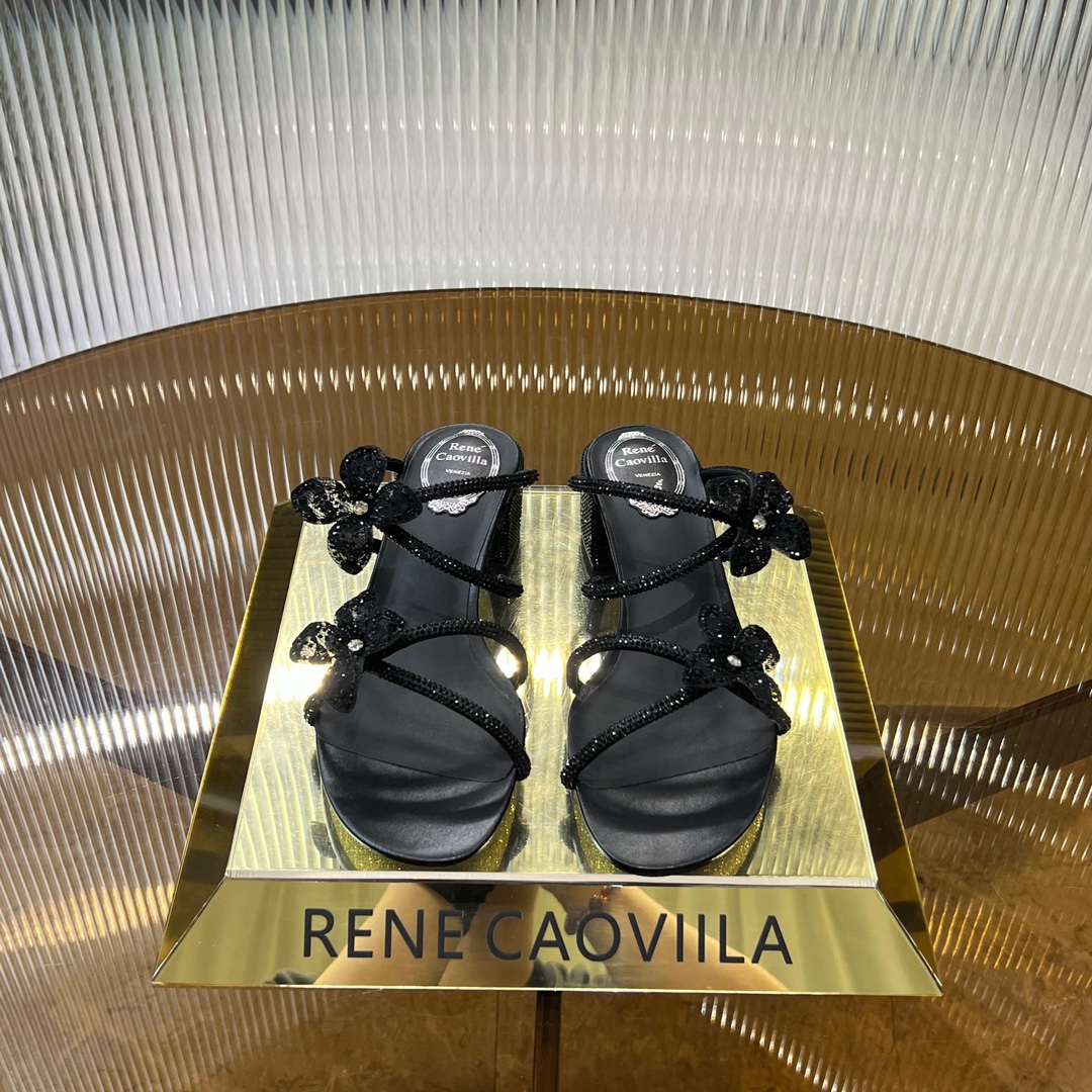 [TOP] Rene Caovilla Square Heel Lace Flower Rhinestone Slippers - 2 Color