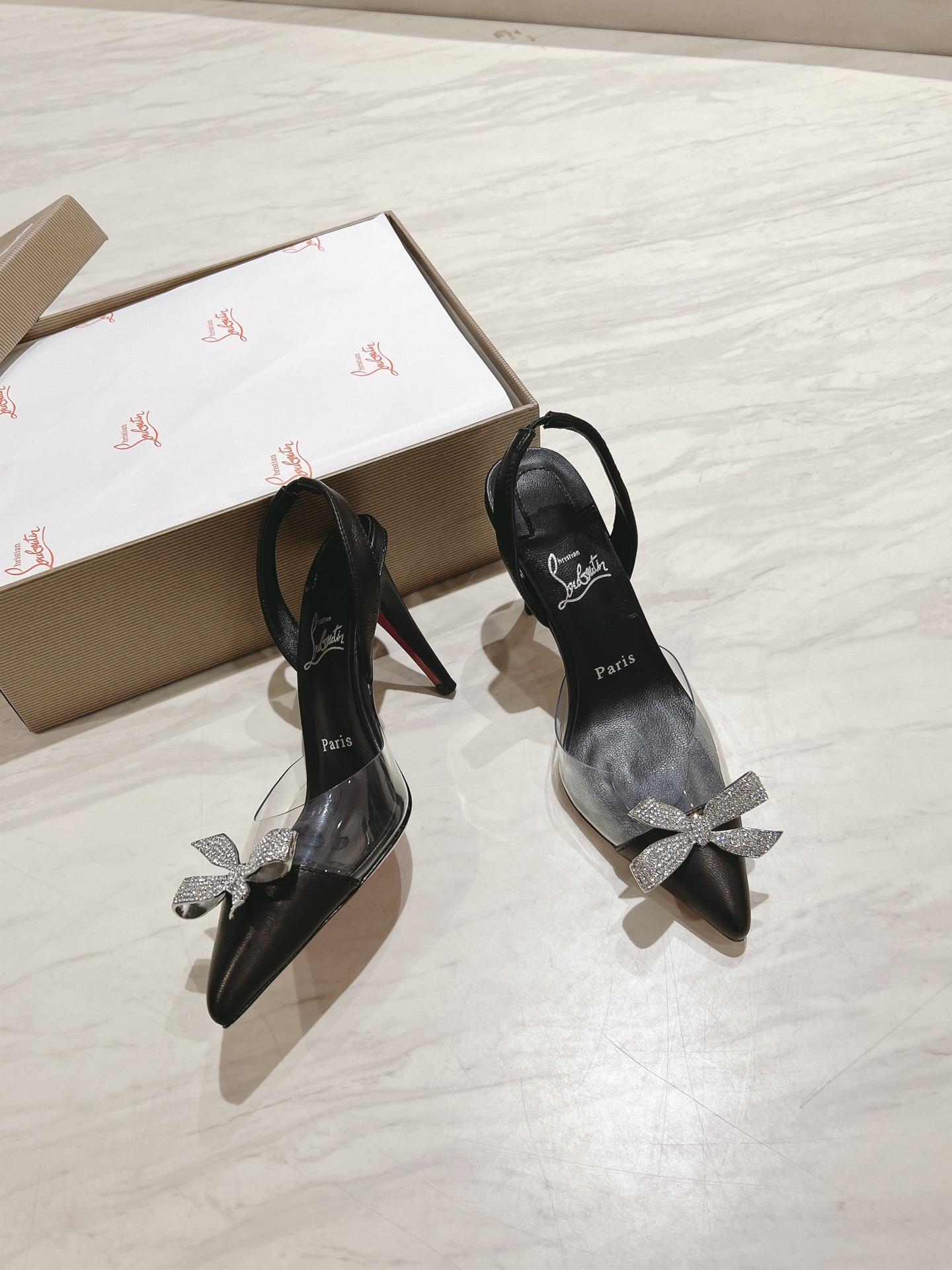 [TOP] Christian Louboutin Crystal Bow 8.5cm/10cm High Heel Sandals - Black