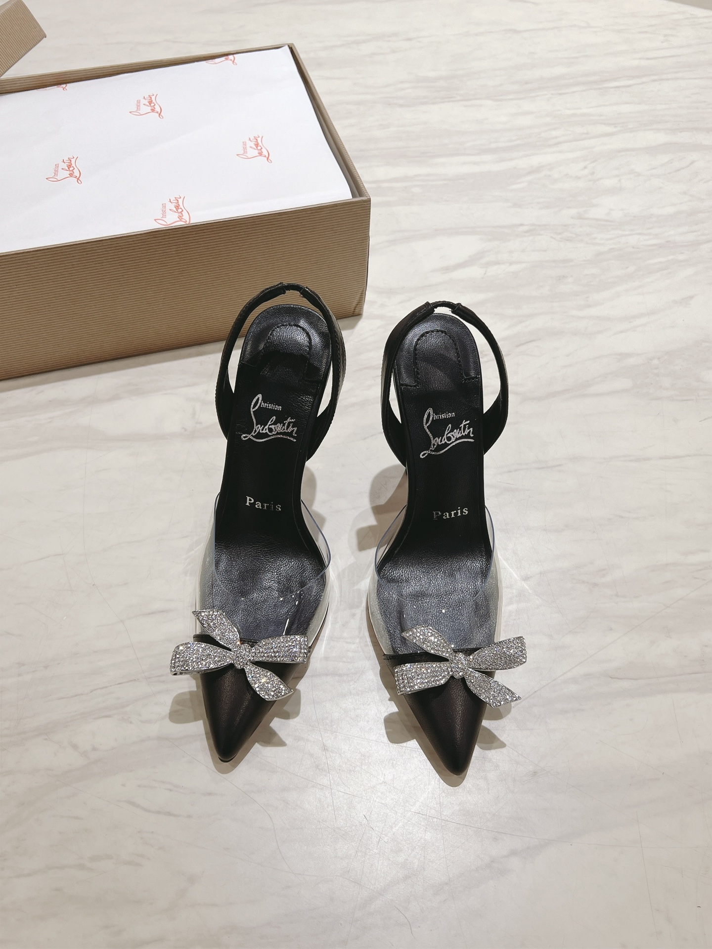 [TOP] Christian Louboutin Crystal Bow 8.5cm/10cm High Heel Sandals - Black