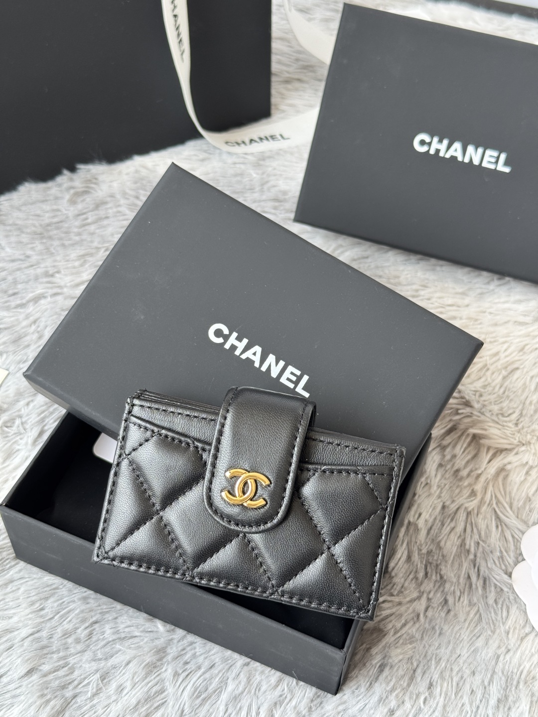[TOP] CHANEL Cardholder Lambskin/Calfskin 10.4×7×2cm - GHW&SHW - Black