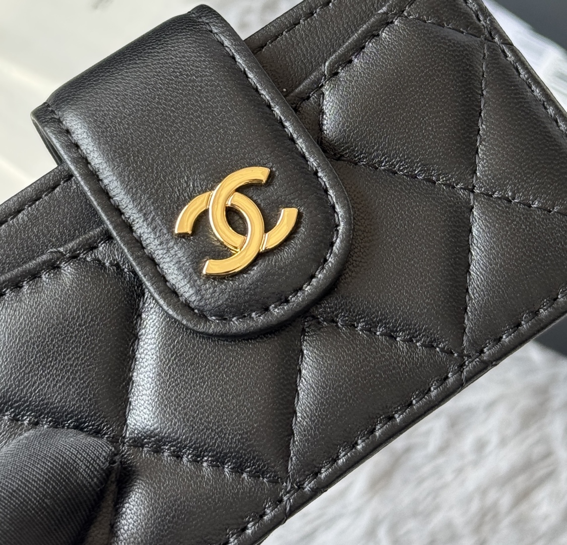 [TOP] CHANEL Cardholder Lambskin/Calfskin 10.4×7×2cm - GHW&SHW - Black
