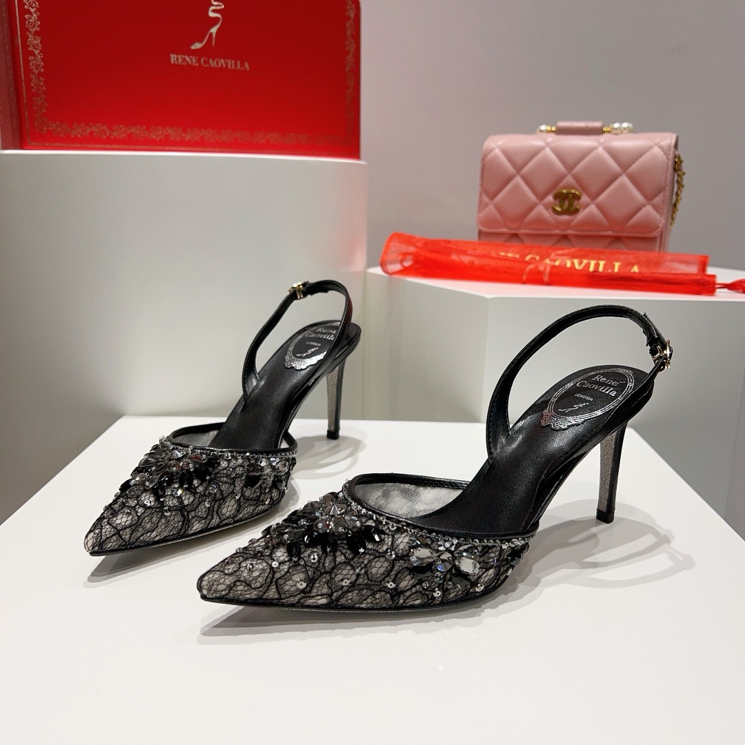 [TOP] Rene Caovilla  Rhinestone Slippers - Black