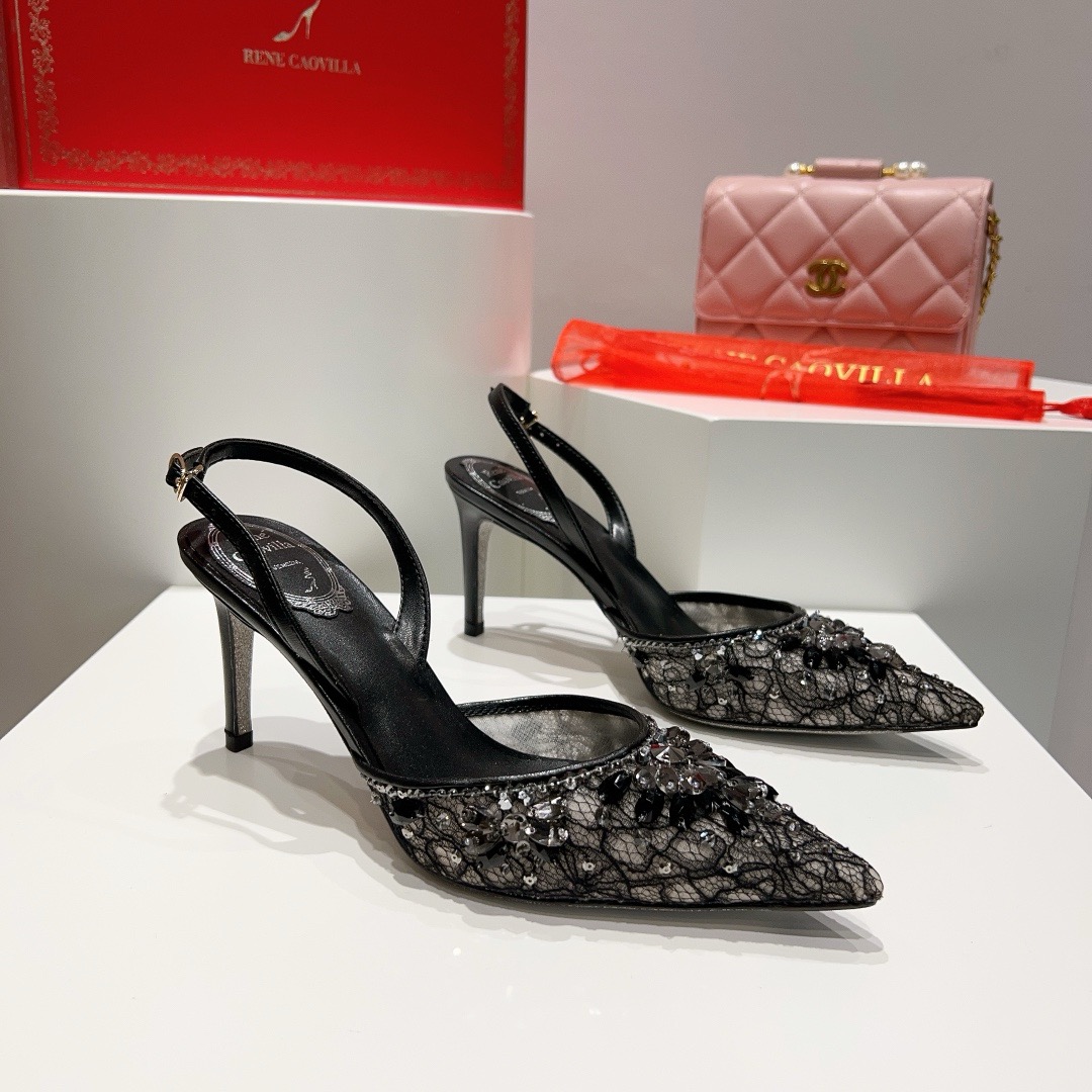 [TOP] Rene Caovilla  Rhinestone Slippers - Black