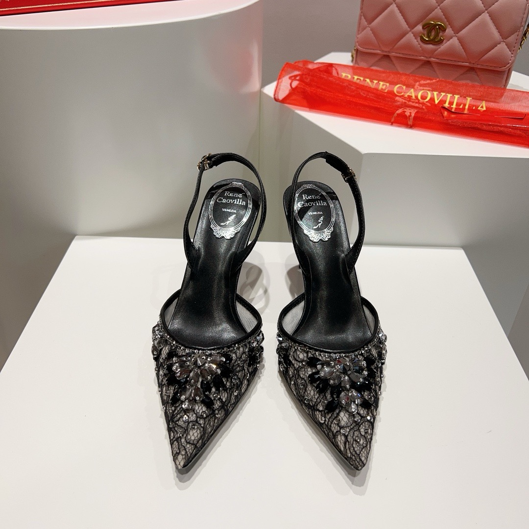 [TOP] Rene Caovilla  Rhinestone Slippers - Black