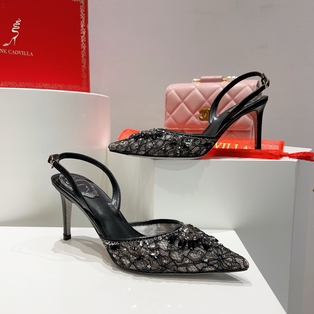 [TOP] Rene Caovilla  Rhinestone Slippers - Black